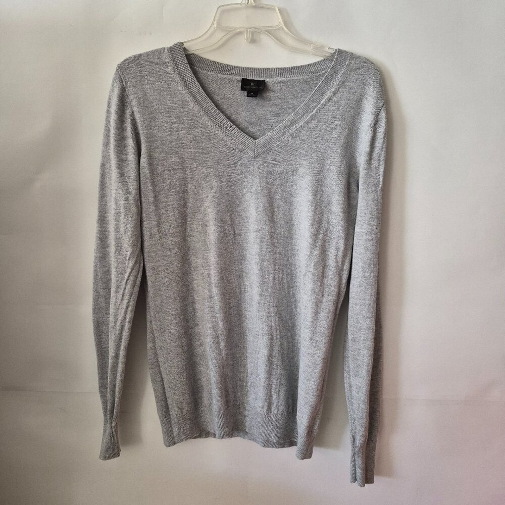 Worthington Women M Heather Gray V-Neck Long Sleeve Pullover Sweater Shirt Top